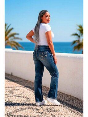 Lane Bryant Flared Denim Jeans With Embellished Back Pockets Blue Stretch Fabric